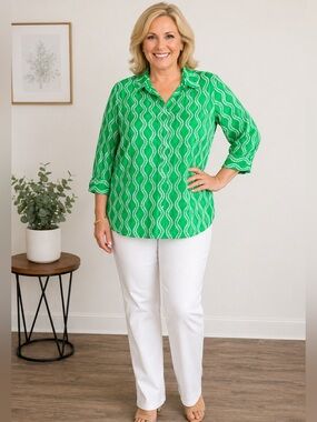 Talbots Woman 2X Green White Print Button Front Blouse Cotton Plus Size Top